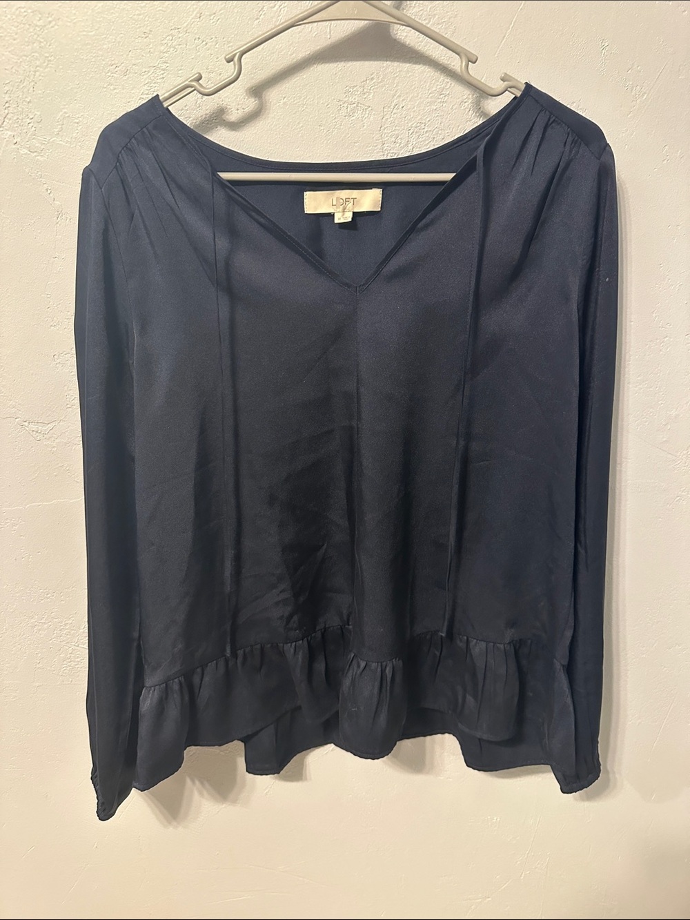 LOFT Navy V-Neck Ruffle-Hem Blouse